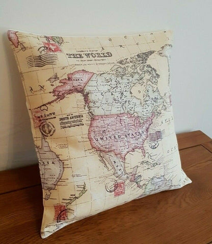 Cushion Cover 10" 12" 14" 16" 17" 18" 20" 22" 24" 26" Linen Sand Atlas World Globe Map Design Handmade - CushionCoverAndDecor