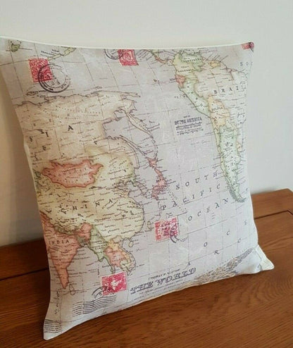 Cushion Cover 10" 12" 14" 16" 17" 18" 20" 22" 24" 26" Linen Stone Atlas World Globe Map Design Handmade - CushionCoverAndDecor