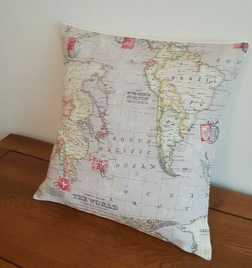 Cushion Cover 10" 12" 14" 16" 17" 18" 20" 22" 24" 26" Linen Stone Atlas World Globe Map Design Handmade - CushionCoverAndDecor