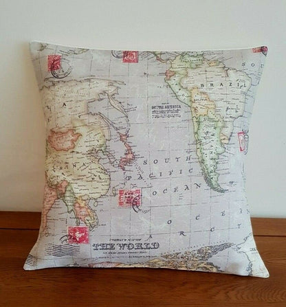 Cushion Cover 10" 12" 14" 16" 17" 18" 20" 22" 24" 26" Linen Stone Atlas World Globe Map Design Handmade - CushionCoverAndDecor