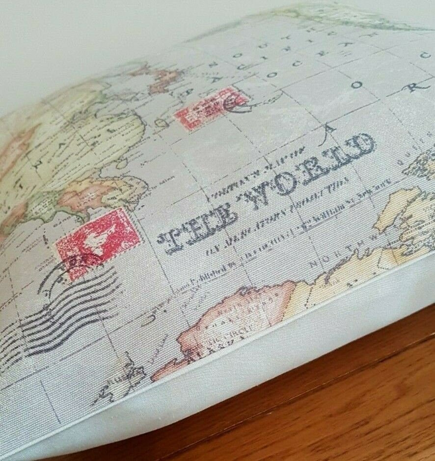 Cushion Cover 10" 12" 14" 16" 17" 18" 20" 22" 24" 26" Linen Stone Atlas World Globe Map Design Handmade - CushionCoverAndDecor