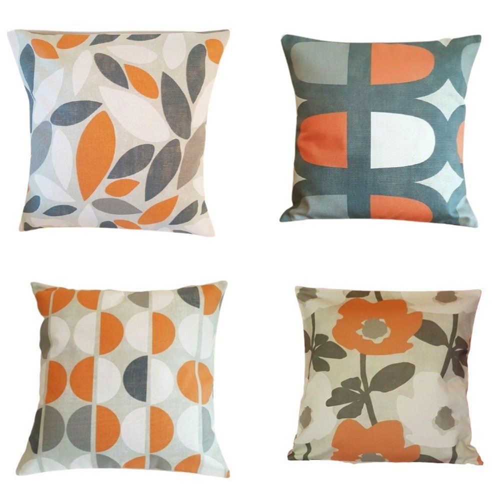 Cushion Cover 10" 12" 14" 16" 17" 18" 20" 22" 24" 26" Mango Orange Grey Floral Design Handmade 100% Cotton - CushionCoverAndDecor