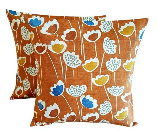 Cushion Cover 10" 12" 14" 16" 17" 18" 20" 22" 24" 26" Prestigious Textiles Meeko Clara Mango Orange Blue Floral Design Handmade 100% Cotton - CushionCoverAndDecor