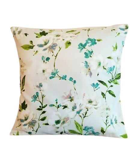 Cushion Cover 10" 12" 14" 16" 17" 18" 20" 22" 24" 26" Prestigious Textiles White Teal Green Blossom Leaf Design Handmade 100% Cotton - CushionCoverAndDecor