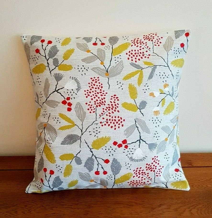 Cushion Cover Ashley Wilde Scandi Trail Grey Red Yellow Floral Design 10" 12" 14" 16" 17" 18" 20" 22" 24" 26" Handmade 100% Cotton - CushionCoverAndDecor