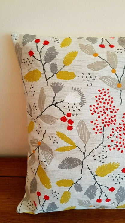 Cushion Cover Ashley Wilde Scandi Trail Grey Red Yellow Floral Design 10" 12" 14" 16" 17" 18" 20" 22" 24" 26" Handmade 100% Cotton - CushionCoverAndDecor