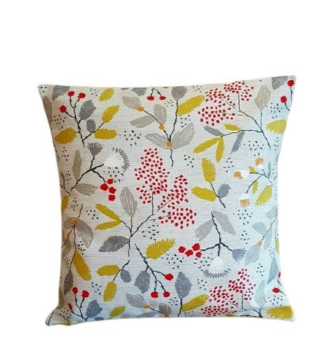 Cushion Cover Ashley Wilde Scandi Trail Grey Red Yellow Floral Design 10" 12" 14" 16" 17" 18" 20" 22" 24" 26" Handmade 100% Cotton - CushionCoverAndDecor