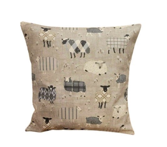 Cushion Cover Baa Baa Sheep Beige Grey Charcoal Design , Easter Cushion Cover 10" 12" 14" 16" 17" 18" 20" 22" 24" 26" Handmade 100% Cotton - CushionCoverAndDecor