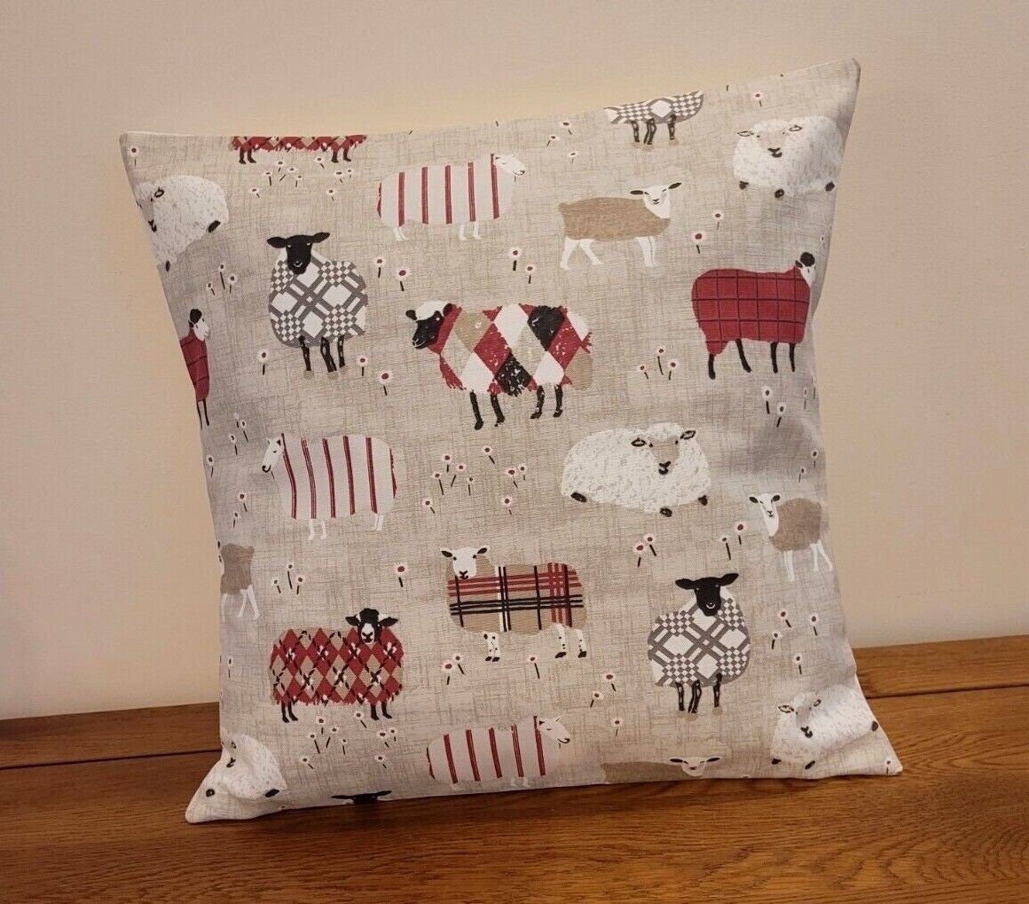 Cushion Cover Baa Baa Sheep Peony Red Beige Design , Easter Cushion Cover 10" 12" 14" 16" 17" 18" 20" 22" 24" 26" Handmade 100% Cotton - CushionCoverAndDecor