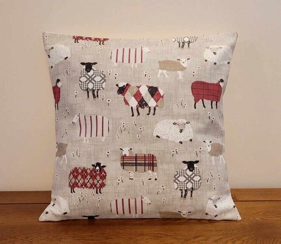 Cushion Cover Baa Baa Sheep Peony Red Beige Design , Easter Cushion Cover 10" 12" 14" 16" 17" 18" 20" 22" 24" 26" Handmade 100% Cotton - CushionCoverAndDecor