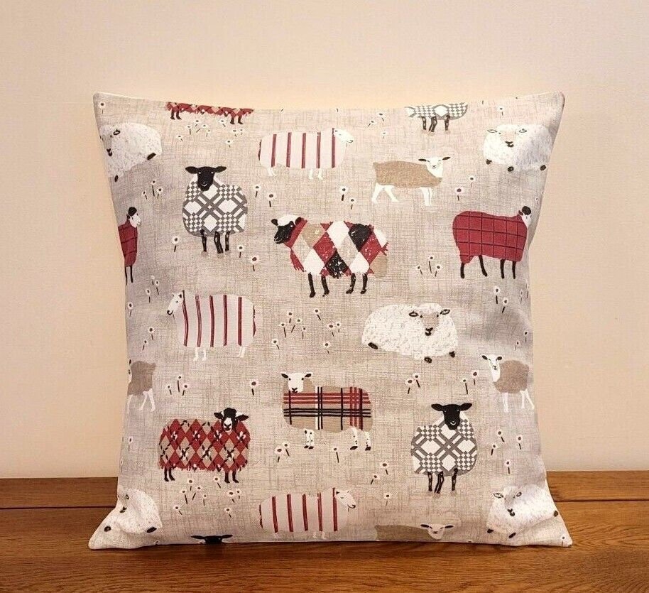 Cushion Cover Baa Baa Sheep Peony Red Beige Design , Easter Cushion Cover 10" 12" 14" 16" 17" 18" 20" 22" 24" 26" Handmade 100% Cotton - CushionCoverAndDecor