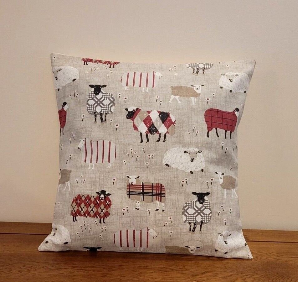 Cushion Cover Baa Baa Sheep Peony Red Beige Design , Easter Cushion Cover 10" 12" 14" 16" 17" 18" 20" 22" 24" 26" Handmade 100% Cotton - CushionCoverAndDecor