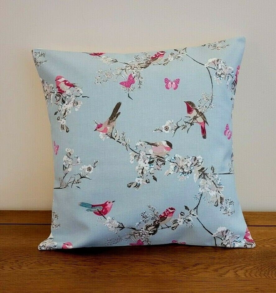 Cushion Cover Beautiful Birds Floral Blue Pink Design 10" 12" 14" 16" 17" 18" 20" 22" 24" 26" 100% Cotton Handmade - CushionCoverAndDecor