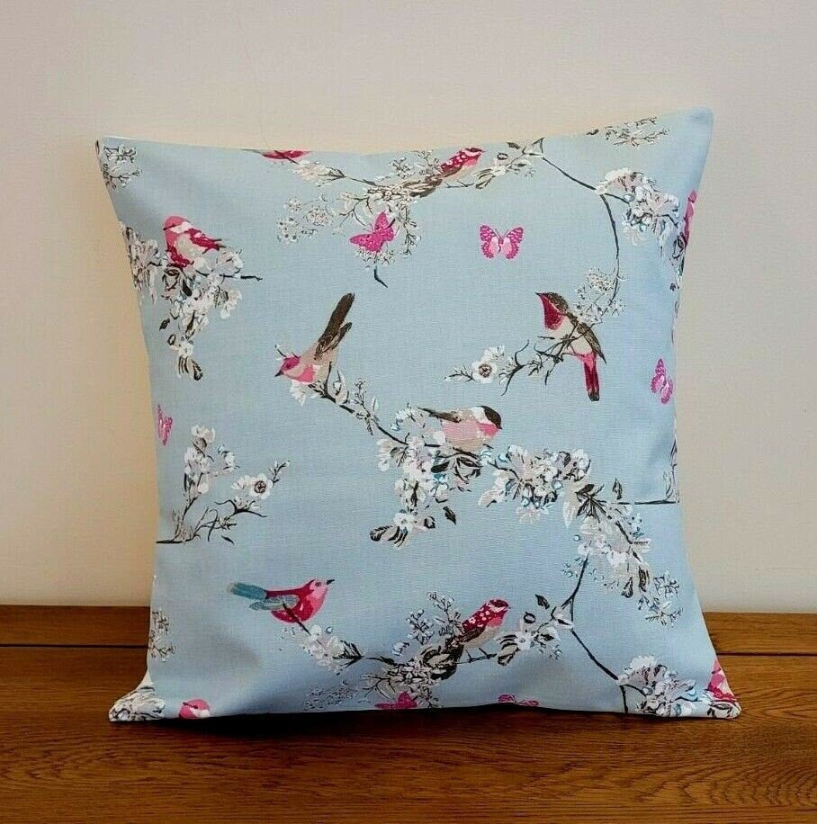 Cushion Cover Beautiful Birds Floral Blue Pink Design 10" 12" 14" 16" 17" 18" 20" 22" 24" 26" 100% Cotton Handmade - CushionCoverAndDecor