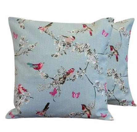 Cushion Cover Beautiful Birds Floral Blue Pink Design 10" 12" 14" 16" 17" 18" 20" 22" 24" 26" 100% Cotton Handmade - CushionCoverAndDecor