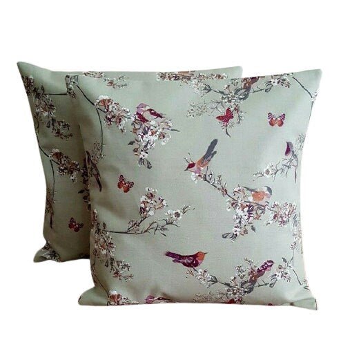 Cushion Cover Beautiful Birds Floral Sage Green Purple Design 10" 12" 14" 16" 17" 18" 20" 22" 24" 26" 100% Cotton Handmade - CushionCoverAndDecor