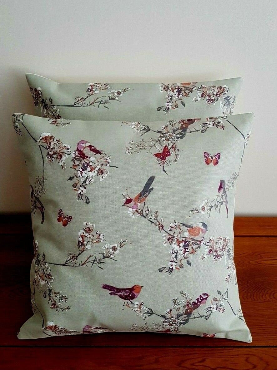 Cushion Cover Beautiful Birds Floral Sage Green Purple Design 10" 12" 14" 16" 17" 18" 20" 22" 24" 26" 100% Cotton Handmade - CushionCoverAndDecor