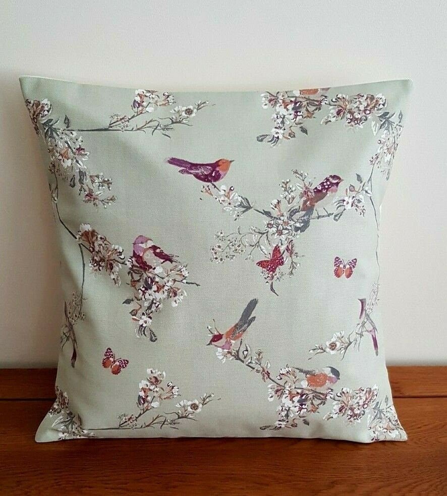 Cushion Cover Beautiful Birds Floral Sage Green Purple Design 10" 12" 14" 16" 17" 18" 20" 22" 24" 26" 100% Cotton Handmade - CushionCoverAndDecor