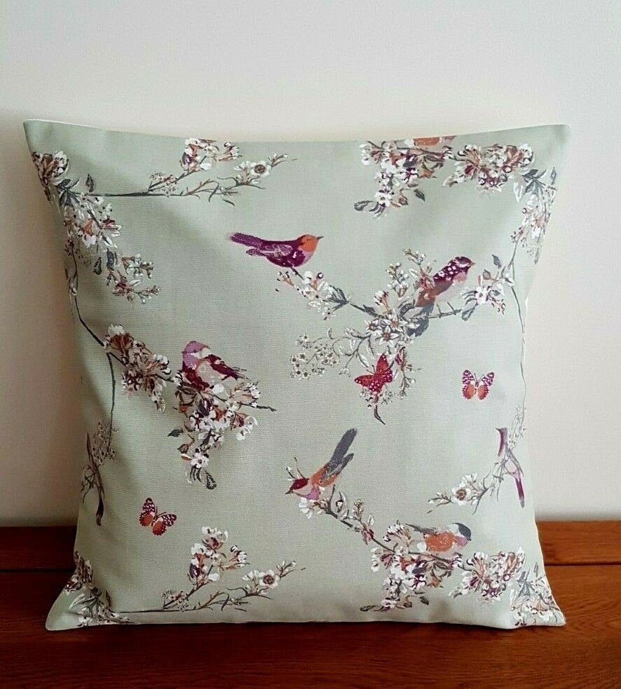 Cushion Cover Beautiful Birds Floral Sage Green Purple Design 10" 12" 14" 16" 17" 18" 20" 22" 24" 26" 100% Cotton Handmade - CushionCoverAndDecor