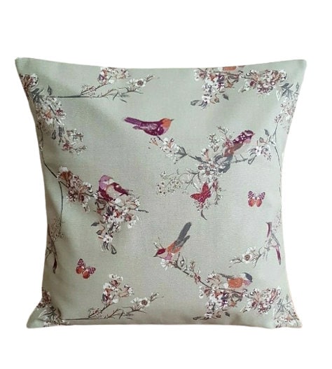 Cushion Cover Beautiful Birds Floral Sage Green Purple Design 10" 12" 14" 16" 17" 18" 20" 22" 24" 26" 100% Cotton Handmade - CushionCoverAndDecor