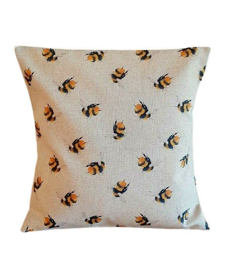 Cushion Cover Beige Yellow Bumblebee Bees Buzzy Bee Linen Cotton Rich Design 10" 12" 14" 16" 17" 18" 20" 22" 24" 26" Handmade - CushionCoverAndDecor