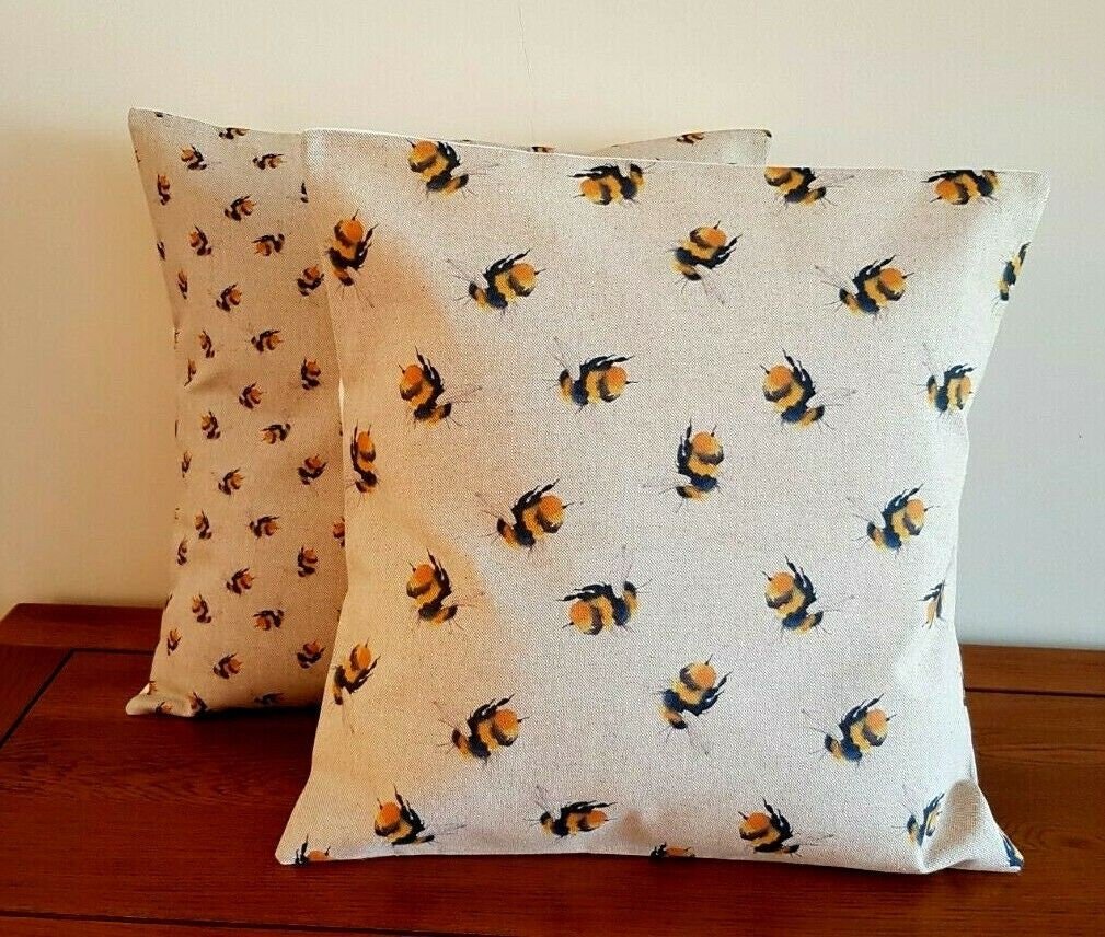 Cushion Cover Beige Yellow Bumblebee Bees Buzzy Bee Linen Cotton Rich Design 10" 12" 14" 16" 17" 18" 20" 22" 24" 26" Handmade - CushionCoverAndDecor