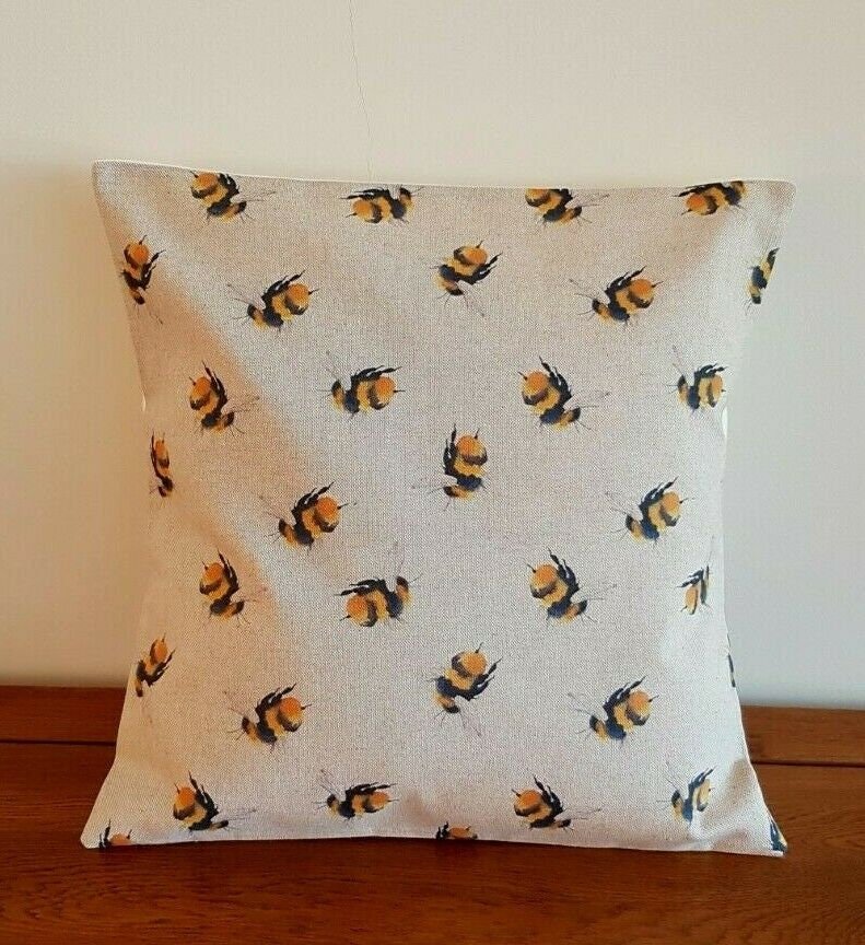 Cushion Cover Beige Yellow Bumblebee Bees Buzzy Bee Linen Cotton Rich Design 10" 12" 14" 16" 17" 18" 20" 22" 24" 26" Handmade - CushionCoverAndDecor