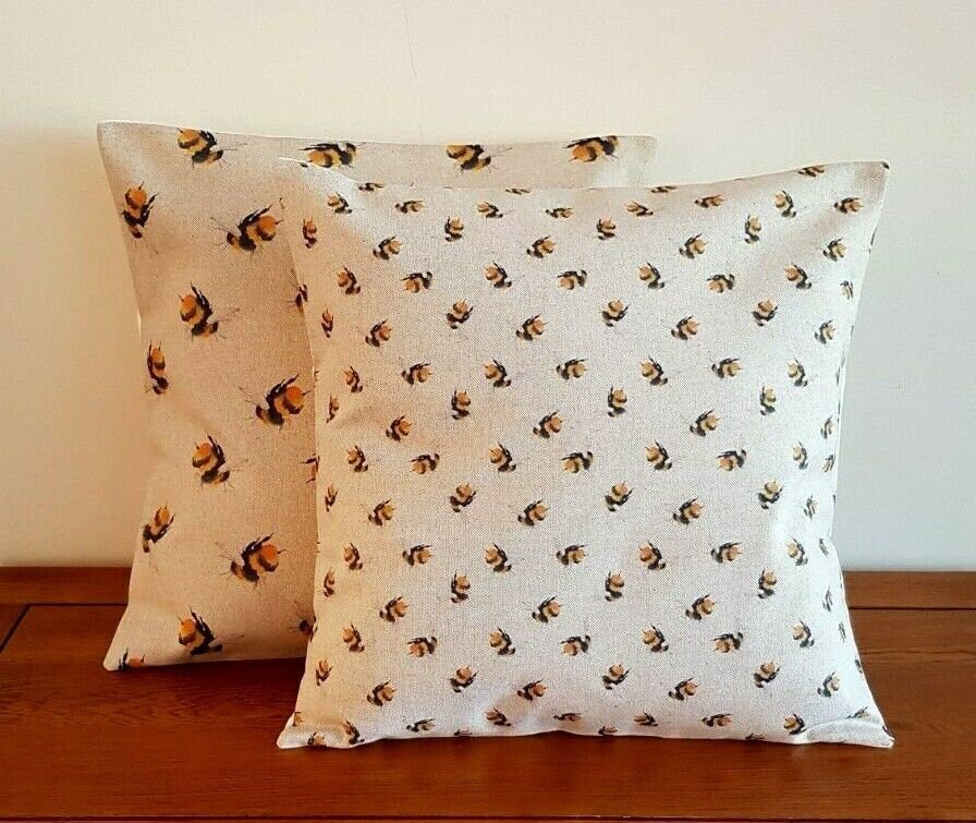 Cushion Cover Beige Yellow Bumblebee Bees Buzzy Bee Linen Cotton Rich Design 10" 12" 14" 16" 17" 18" 20" 22" 24" 26" Handmade - CushionCoverAndDecor