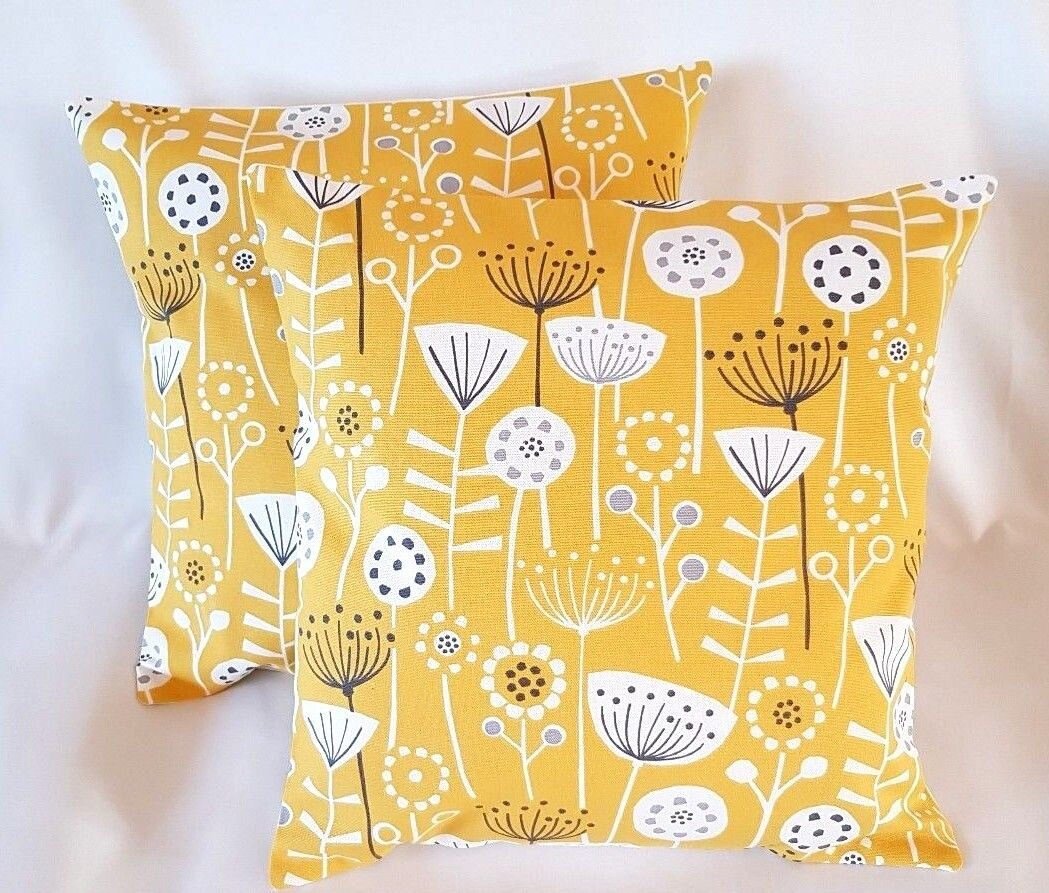 Cushion Cover Bergen Ochre Yellow Grey Floral Design 10" 12" 14" 16" 17" 18" 20" 22" 24" 26" Fryetts 100% Cotton Handmade - CushionCoverAndDecor