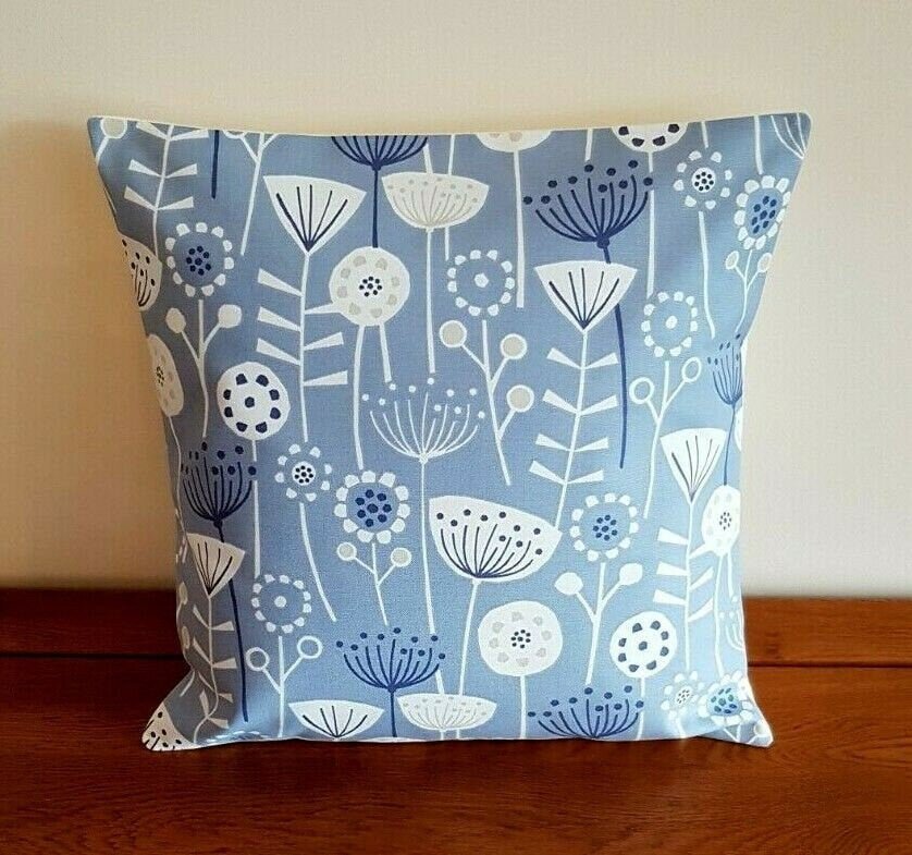 Cushion Cover Blue 10" 12" 14" 16" 17" 18" 20" 22" 24" 26" Fryetts Bergen Scandinavian Floral Design 100% Cotton Handmade - CushionCoverAndDecor