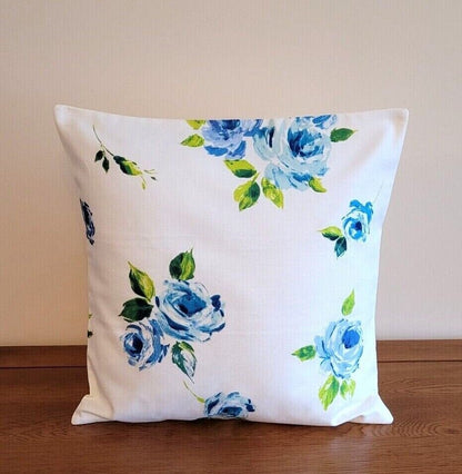 Cushion Cover Blue Rose Floral Design 10" 12" 14" 16" 17" 18" 20" 22" 24" 26" Handmade 100% Cotton - CushionCoverAndDecor