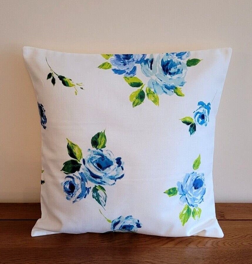 Cushion Cover Blue Rose Floral Design 10" 12" 14" 16" 17" 18" 20" 22" 24" 26" Handmade 100% Cotton - CushionCoverAndDecor