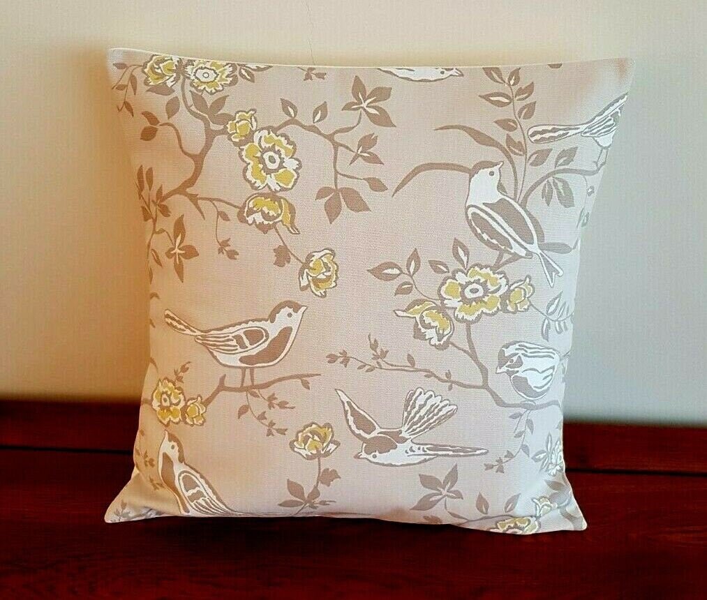 Cushion Cover Bramber Beige Yellow Birds Floral Design Design 10" 12" 14" 16" 17" 18" 20" 22" 24" 26" Ashley Wilde Handmade 100% Cotton - CushionCoverAndDecor