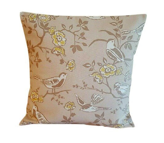 Cushion Cover Bramber Beige Yellow Birds Floral Design Design 10" 12" 14" 16" 17" 18" 20" 22" 24" 26" Ashley Wilde Handmade 100% Cotton - CushionCoverAndDecor