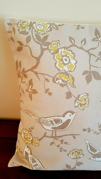 Cushion Cover Bramber Beige Yellow Birds Floral Design Design 10" 12" 14" 16" 17" 18" 20" 22" 24" 26" Ashley Wilde Handmade 100% Cotton - CushionCoverAndDecor