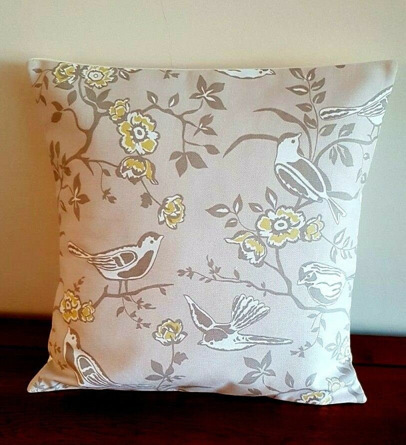 Cushion Cover Bramber Beige Yellow Birds Floral Design Design 10" 12" 14" 16" 17" 18" 20" 22" 24" 26" Ashley Wilde Handmade 100% Cotton - CushionCoverAndDecor