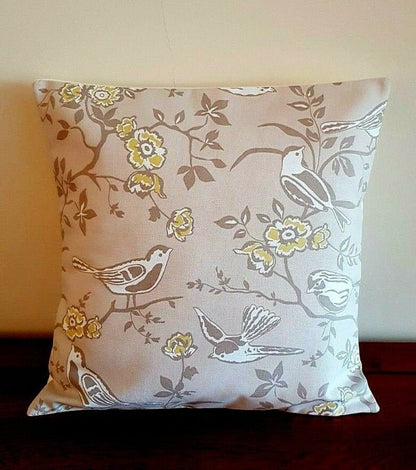 Cushion Cover Bramber Beige Yellow Birds Floral Design Design 10" 12" 14" 16" 17" 18" 20" 22" 24" 26" Ashley Wilde Handmade 100% Cotton - CushionCoverAndDecor