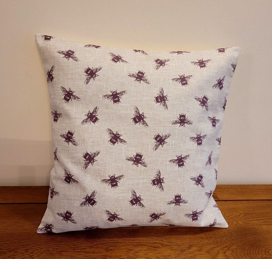 Cushion Cover Bumble Bee Purple Linen Look Design , Decorative Pillow Cover UK 10" 12" 14" 16" 17" 18" 20" 22" 24" 26" Handmade 100% Cotton - CushionCoverAndDecor