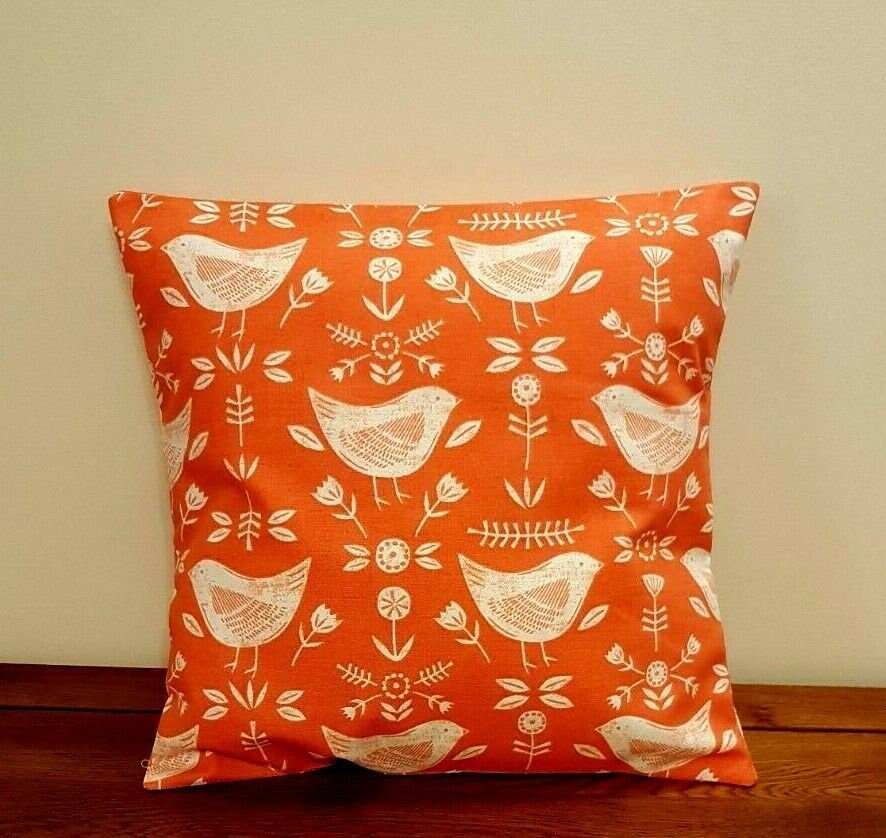 Cushion Cover Burnt Orange Bird Design 10" 12" 14" 16" 17" 18" 20" 22" 24" 26" Fryetts Narvik 100% Cotton Handmade - CushionCoverAndDecor