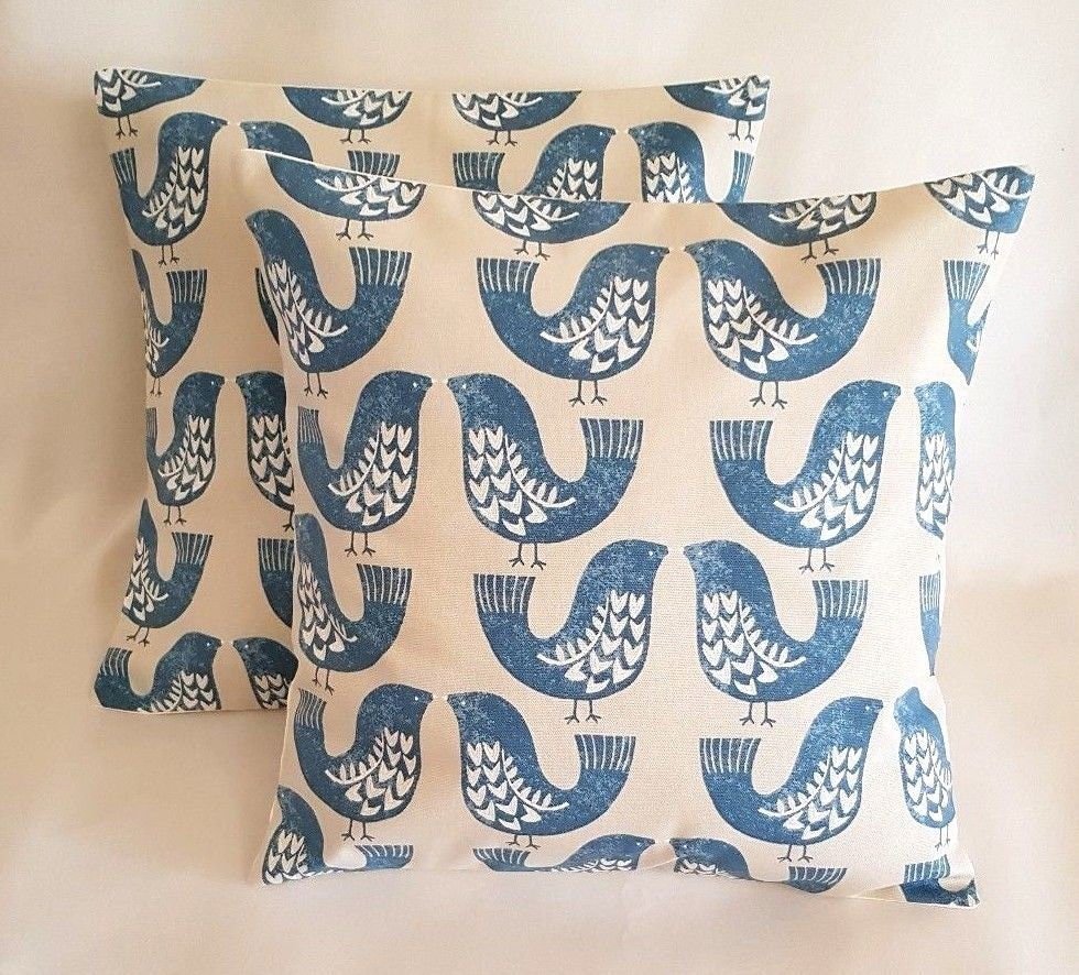 Cushion Cover Capri Blue Beige Scandi Bird Design 10" 12" 14" 16" 17" 18" 20" 22" 24" 26" 100% Cotton Handmade - CushionCoverAndDecor