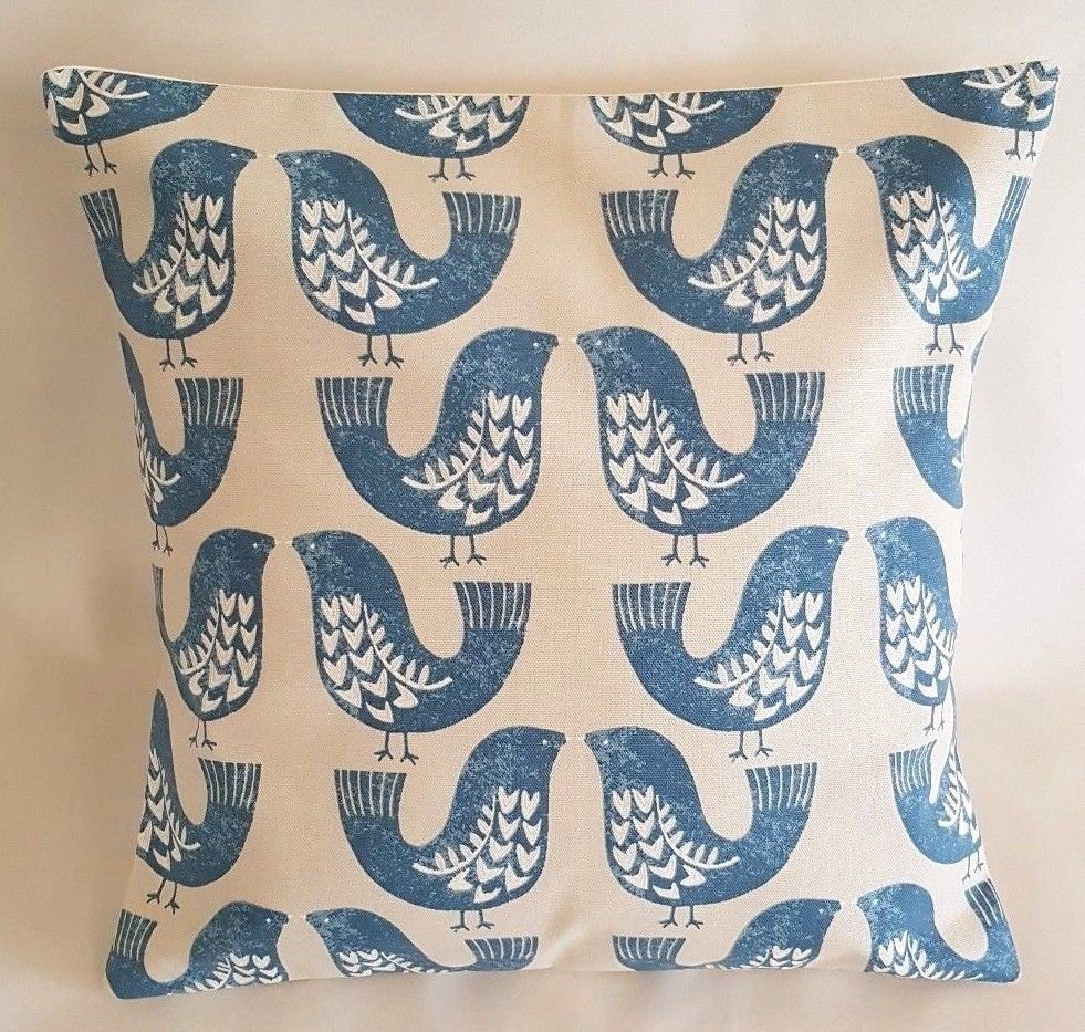 Cushion Cover Capri Blue Beige Scandi Bird Design 10" 12" 14" 16" 17" 18" 20" 22" 24" 26" 100% Cotton Handmade - CushionCoverAndDecor