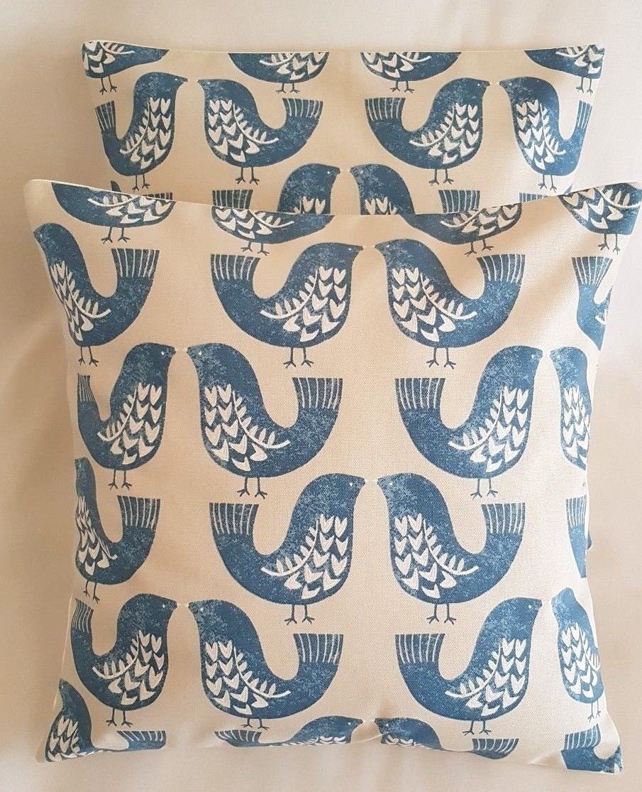 Cushion Cover Capri Blue Beige Scandi Bird Design 10" 12" 14" 16" 17" 18" 20" 22" 24" 26" 100% Cotton Handmade - CushionCoverAndDecor