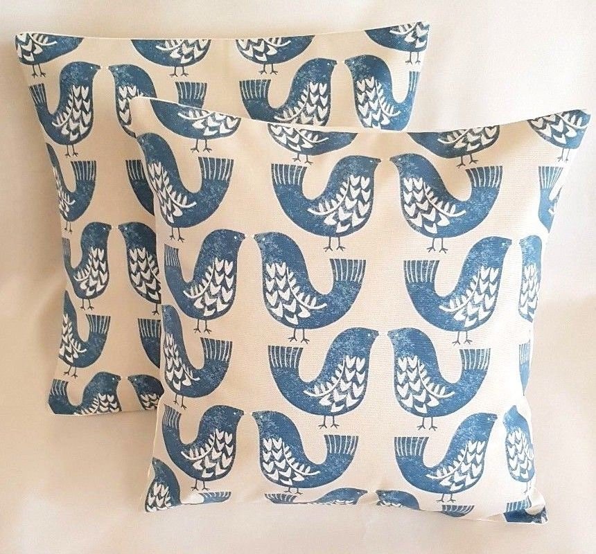 Cushion Cover Capri Blue Beige Scandi Bird Design 10" 12" 14" 16" 17" 18" 20" 22" 24" 26" 100% Cotton Handmade - CushionCoverAndDecor