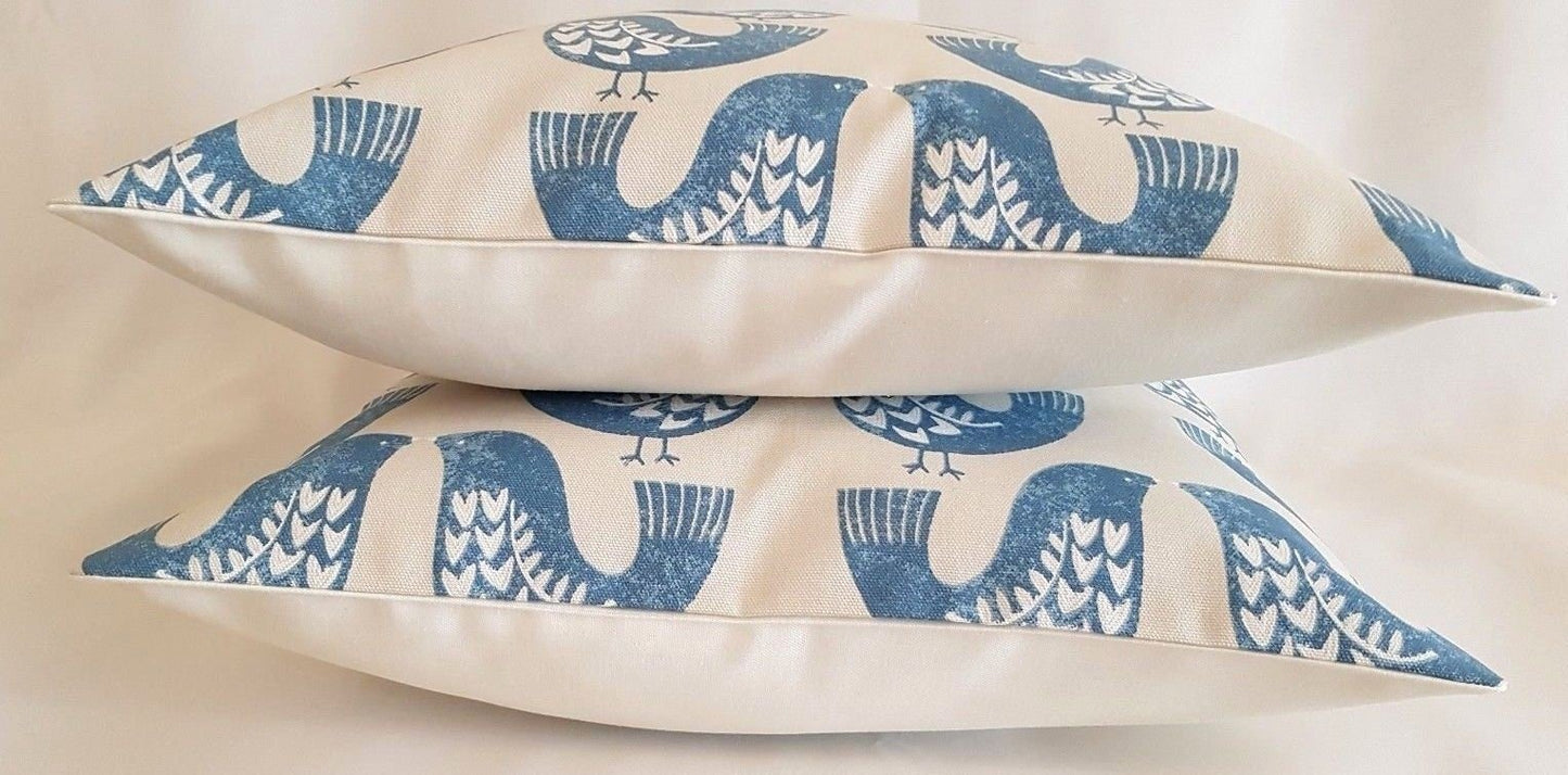 Cushion Cover Capri Blue Beige Scandi Bird Design 10" 12" 14" 16" 17" 18" 20" 22" 24" 26" 100% Cotton Handmade - CushionCoverAndDecor