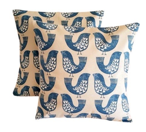 Cushion Cover Capri Blue Beige Scandi Bird Design 10" 12" 14" 16" 17" 18" 20" 22" 24" 26" 100% Cotton Handmade - CushionCoverAndDecor