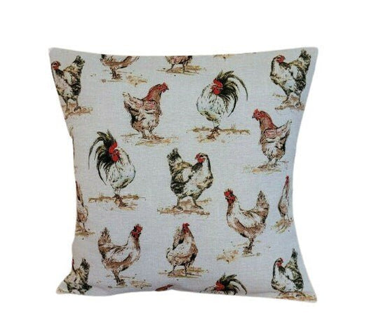 Cushion Cover Chicken Hens Vintage Linen Look Beige Design 10" 12 " 14" 16" 17" 18" 20" 22" 24" 26" Handmade 100% Cotton - CushionCoverAndDecor