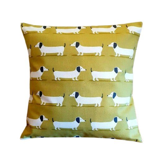 Cushion Cover Dachshund Sausage Dog Mustard Ochre Design , Decorative Pillow 10" 12" 14" 16" 17" 18" 20" 22" 24" 26" Handmade 100% Cotton - CushionCoverAndDecor