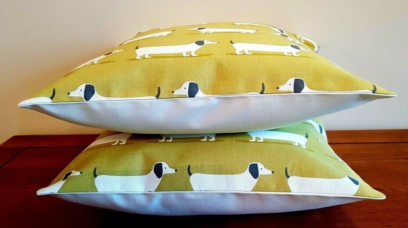 Cushion Cover Dachshund Sausage Dog Mustard Ochre Design , Decorative Pillow 10" 12" 14" 16" 17" 18" 20" 22" 24" 26" Handmade 100% Cotton - CushionCoverAndDecor
