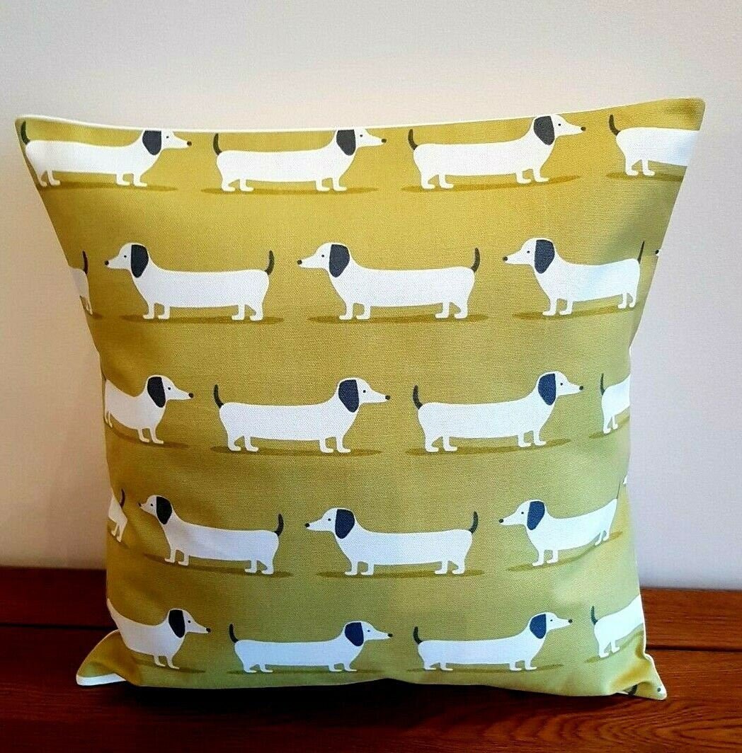 Cushion Cover Dachshund Sausage Dog Mustard Ochre Design , Decorative Pillow 10" 12" 14" 16" 17" 18" 20" 22" 24" 26" Handmade 100% Cotton - CushionCoverAndDecor