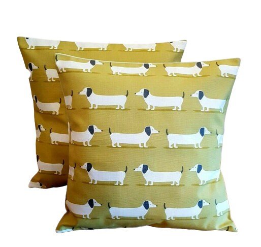 Cushion Cover Dachshund Sausage Dog Mustard Ochre Design , Decorative Pillow 10" 12" 14" 16" 17" 18" 20" 22" 24" 26" Handmade 100% Cotton - CushionCoverAndDecor